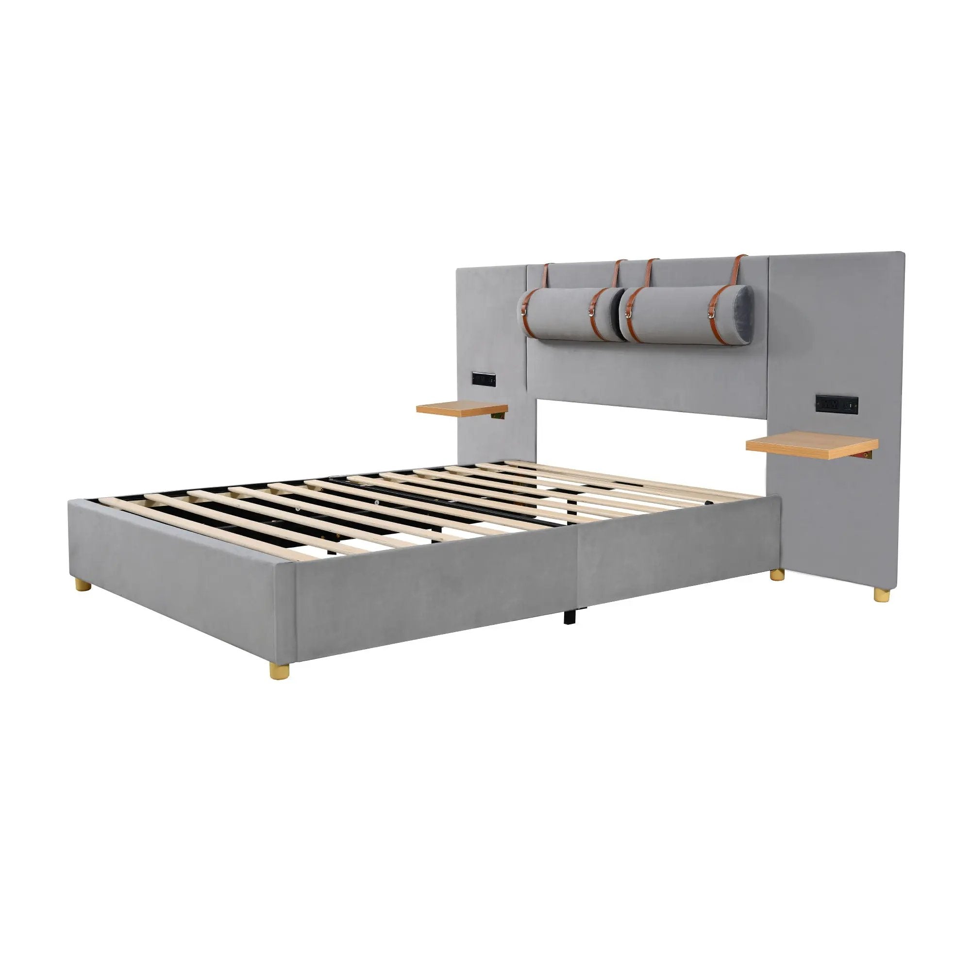 Upholstered Platform Bed, 2 Outlets And USB Charging Ports On Both Sides, 2 Bedside Pillows, Storage Shelves by HouseOfZazla