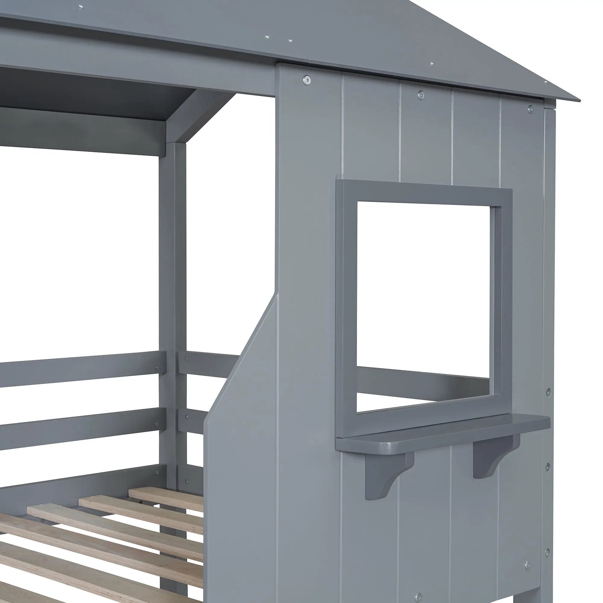 Twin Over Twin Bunk Bed With Roof, Window, Guardrail, Ladder by HouseOfZazla