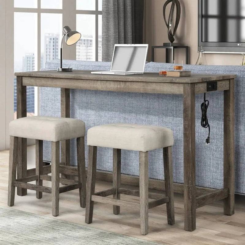 3 Piece Counter Bar Dining Set Table With Electric Outlet And 2 USB Ports, Tufted Upholstered Stools - Brown / Beige by Unique Piece Furniture