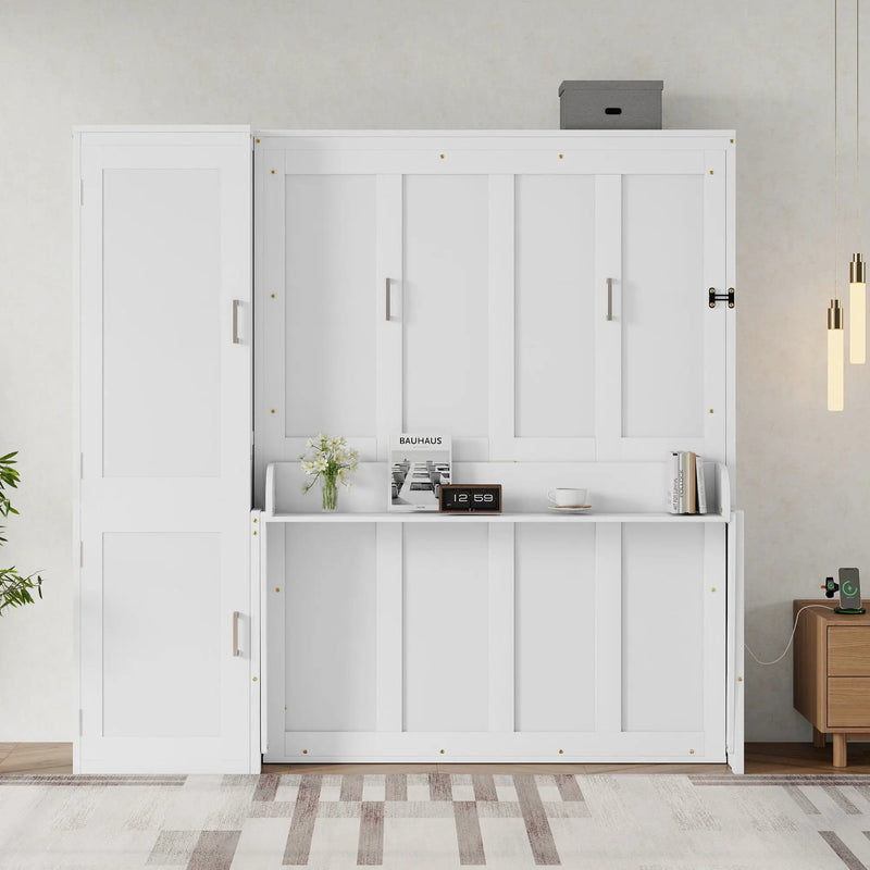 Queen Size Murphy Bed With Wardrobe, Space-Saving Hidden Wall Bed With Desk And Charging Station - White by Unique Piece Furniture