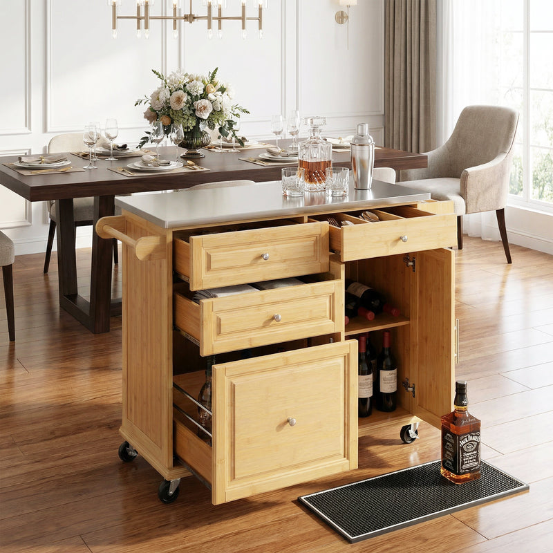 Indoor Bamboo Rolling Kitchen Island with Stainless Steel Top by HouseOfZazla
