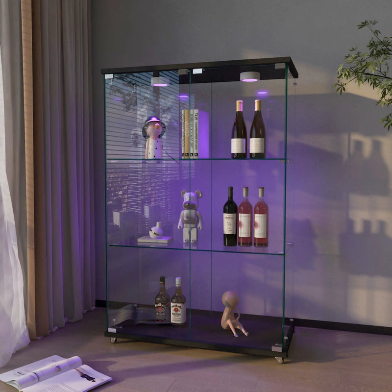 Modern Display Cabinet With LED Lights, Transparent Tempered Glass 2 Door Storage Case With 3 Shelves by HouseOfZazla