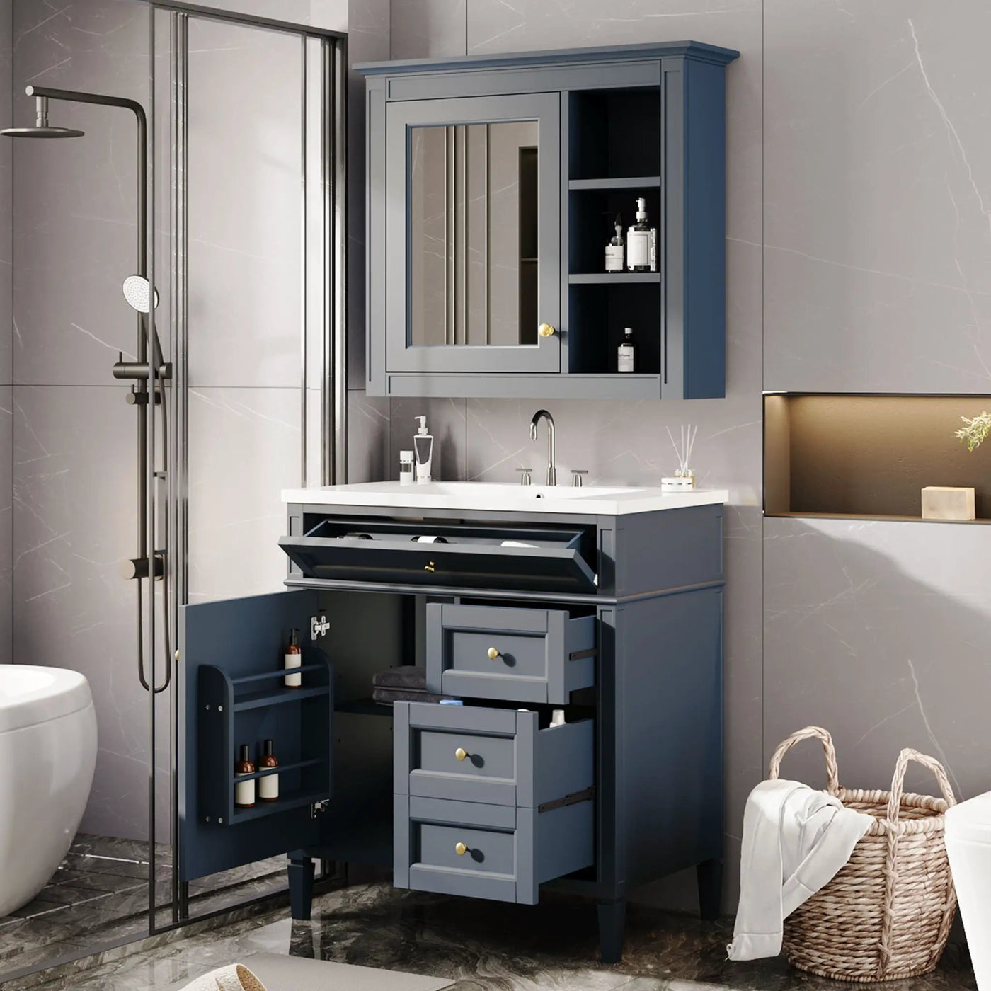 Bathroom Vanity With Top Sink, 2 Doors And 3 Drawers, Freestanding Set With Mirror Cabinet by Unique Piece Furniture