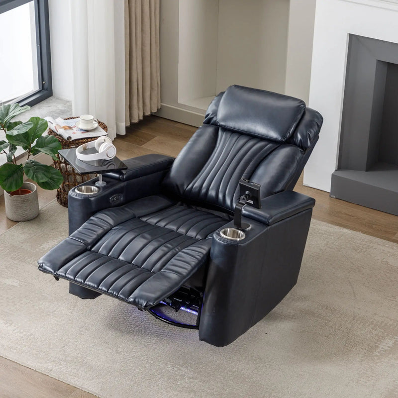 270° Power Swivel Recliner Home Theater Chair With Hidden Arm Storage, LED Light, Cup Holder, And Tray Table by HouseOfZazla