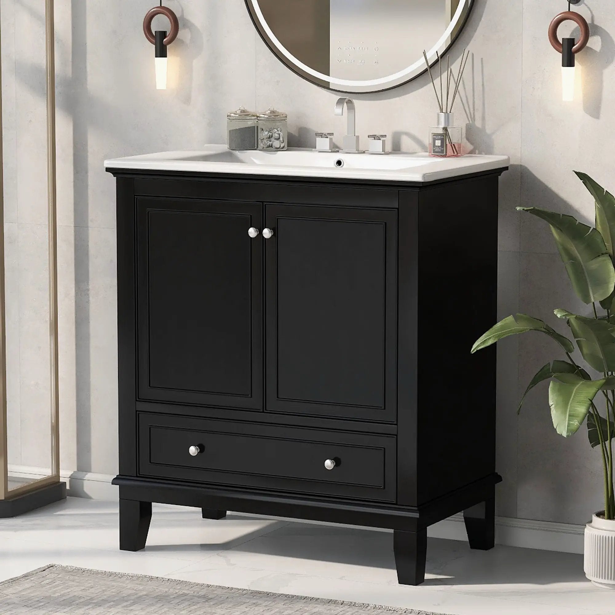 30" Bathroom Vanity With Sink Combo, Multi Functional Bathroom Cabinet With Doors And Drawer - Black by Unique Piece Furniture