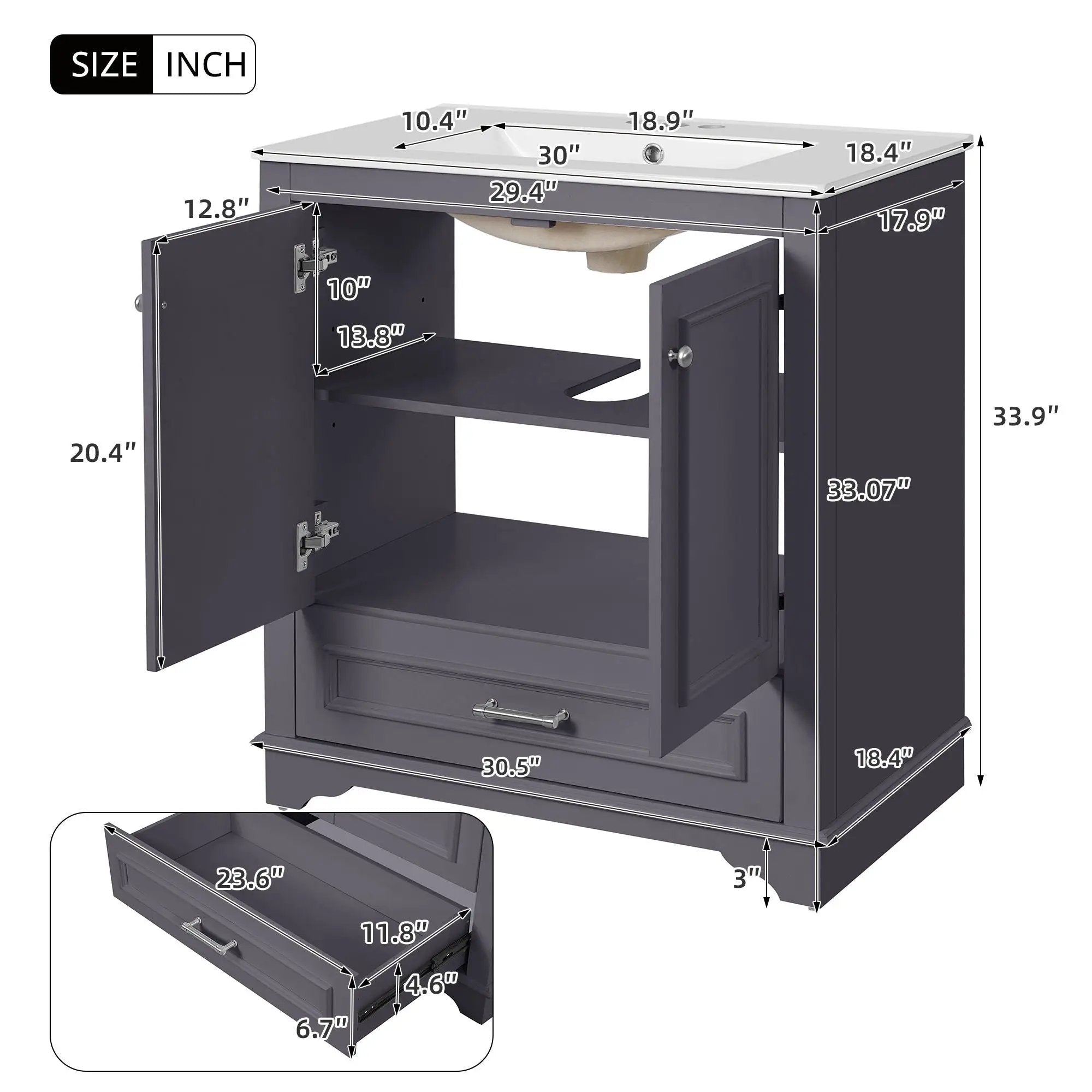 Bathroom Vanity With Sink, Cabinet & 2 Soft Closing Doors & Adjustable Shelf by Unique Piece Furniture