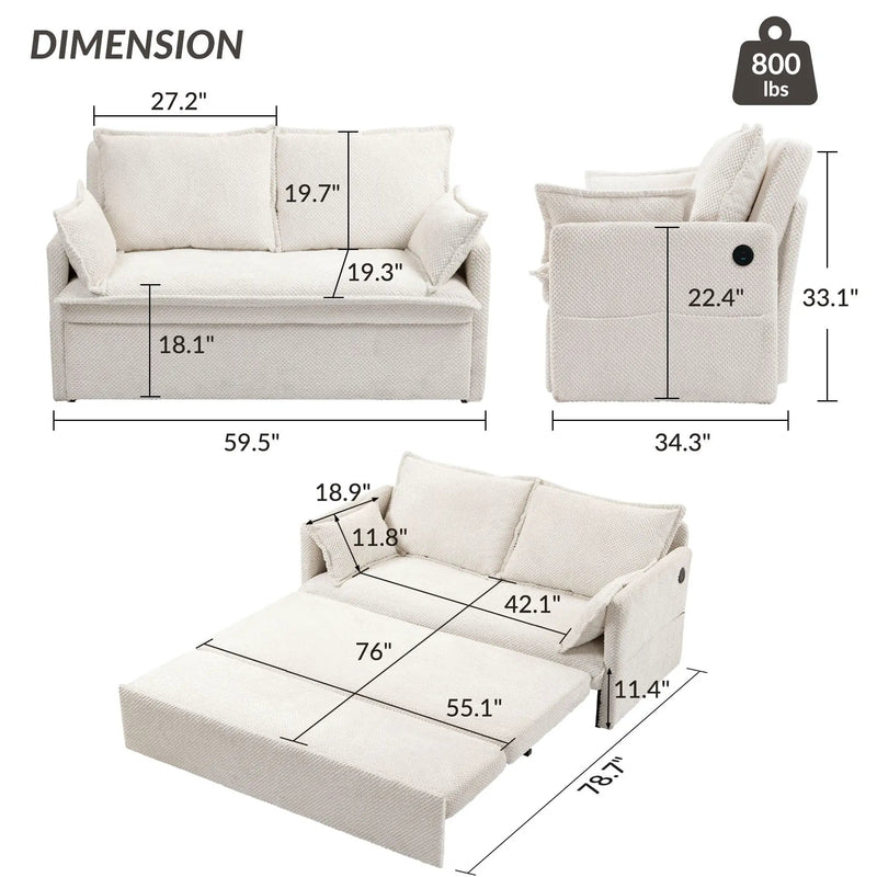 Pull Out Sofa Bed, Convertible Sleeper Sofa Couch, Side Storage, And USB / C - Type Charging Ports Chair by Unique Piece Furniture