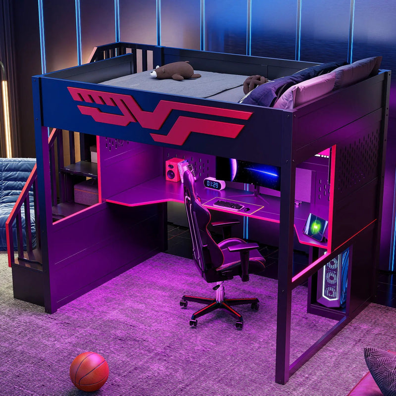 Full Gaming Loft Bed With Desk And Storage Staircase, LED Lights And USB - Red / Black by HouseOfZazla