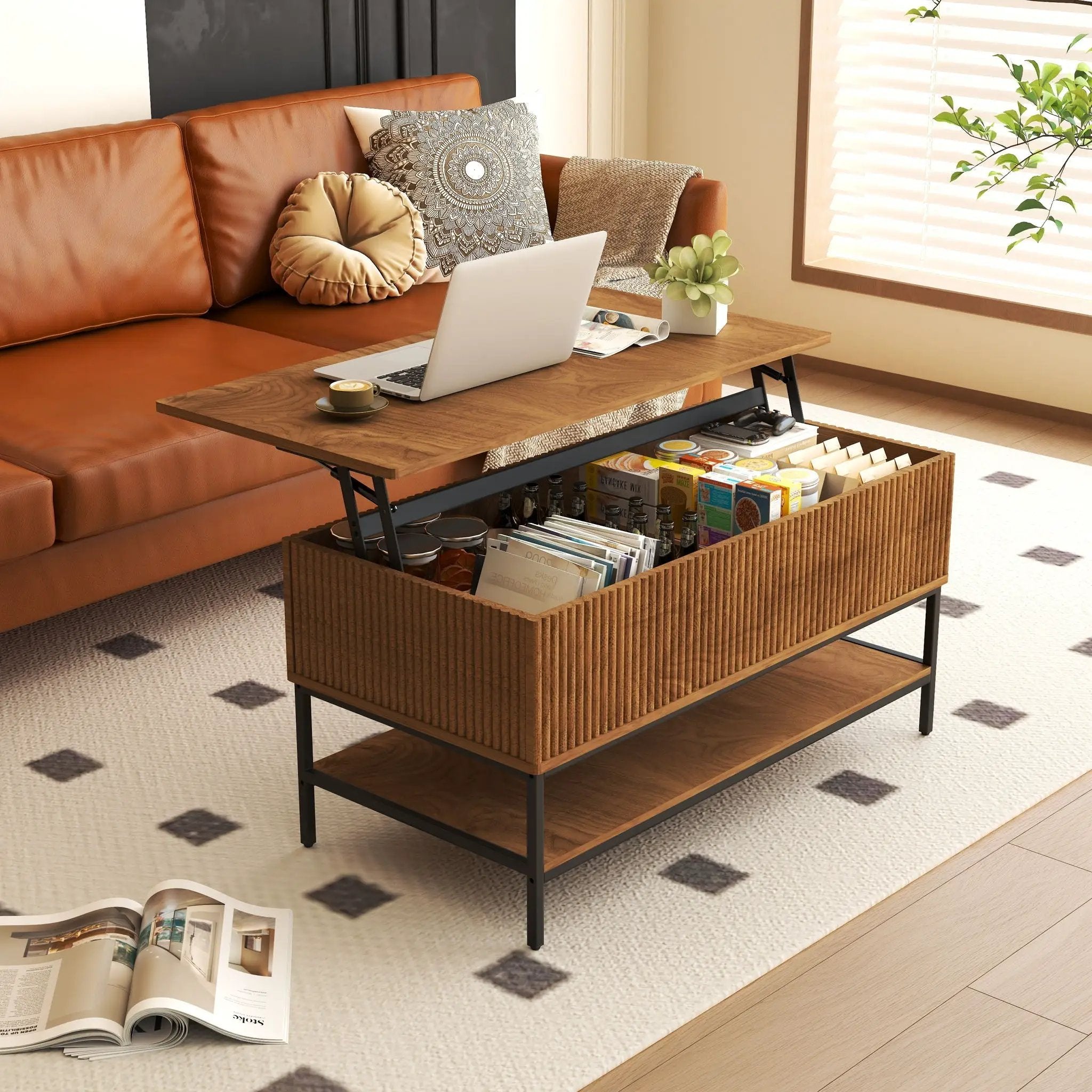Rectangle Lift Top Coffee Table With Hidden Storage And Lower Shelf - Brown