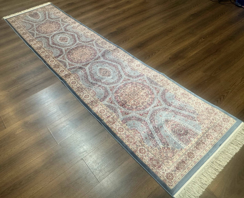 Turkish Silk Runner Rug 2.6 x 10, Light Blue Carpet, Bamboo Silk, New by Jewel Rugs