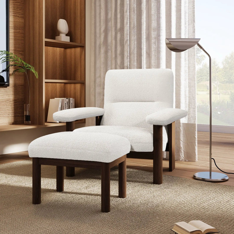 Modern Accent Chair With Ottoman, Mid Century Lounge Chair With Footrest, Comfy Fabric Armchair Upholstered Set With Solid Wood Frame For Living Room - White by HouseOfZazla