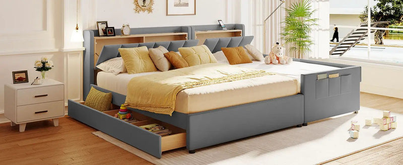 Upholstered Mother & Child Bed With Hydraulic Storage System, Drawer Box, Bedhead Storage Shelf And 2 Pairs Of Sockets & USB Ports by HouseOfZazla