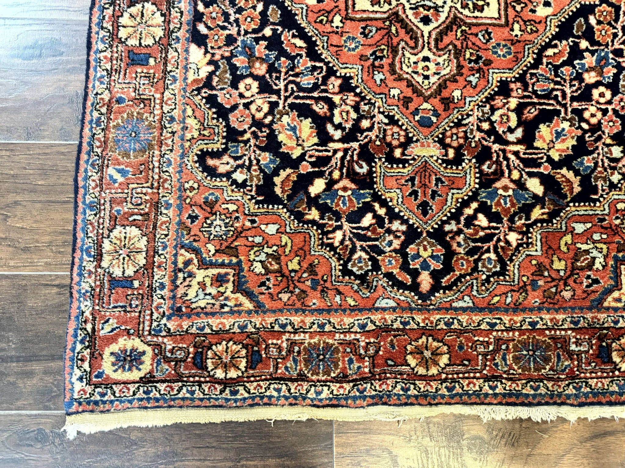Persian Sarouk Rug 3.6 x 5, Medallion Rug, Red and Midnight Blue, Handmade Semi Antique Vintage Wool Carpet by Jewel Rugs