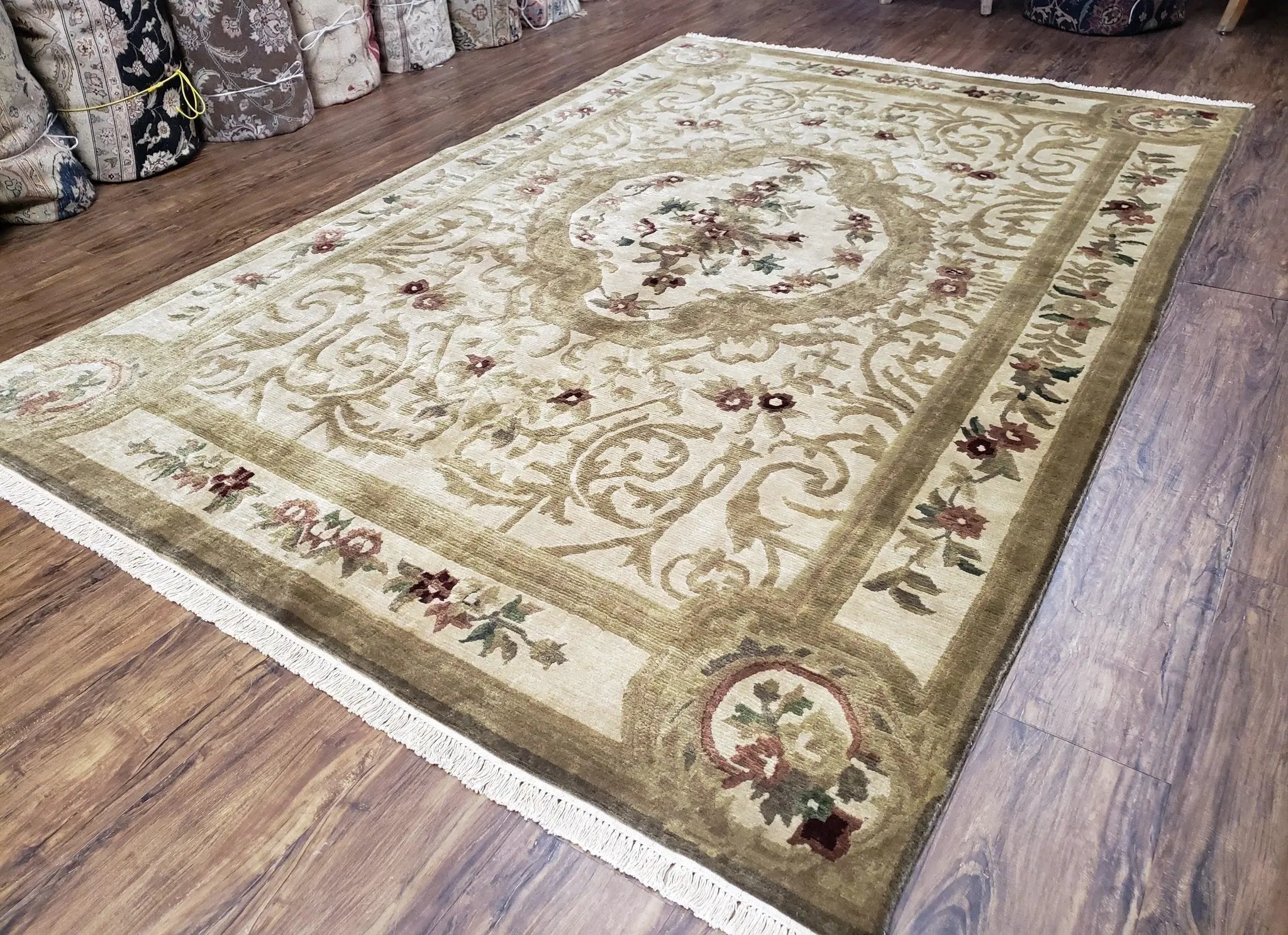 Vintage Nepali Tibetan Aubusson Rug 6x9, Wool Hand-Knotted Cream Beige Carpet, Leaves & Floral Pattern 6 x 9 Soft Area Rug Home Office Rug by Jewel Rugs