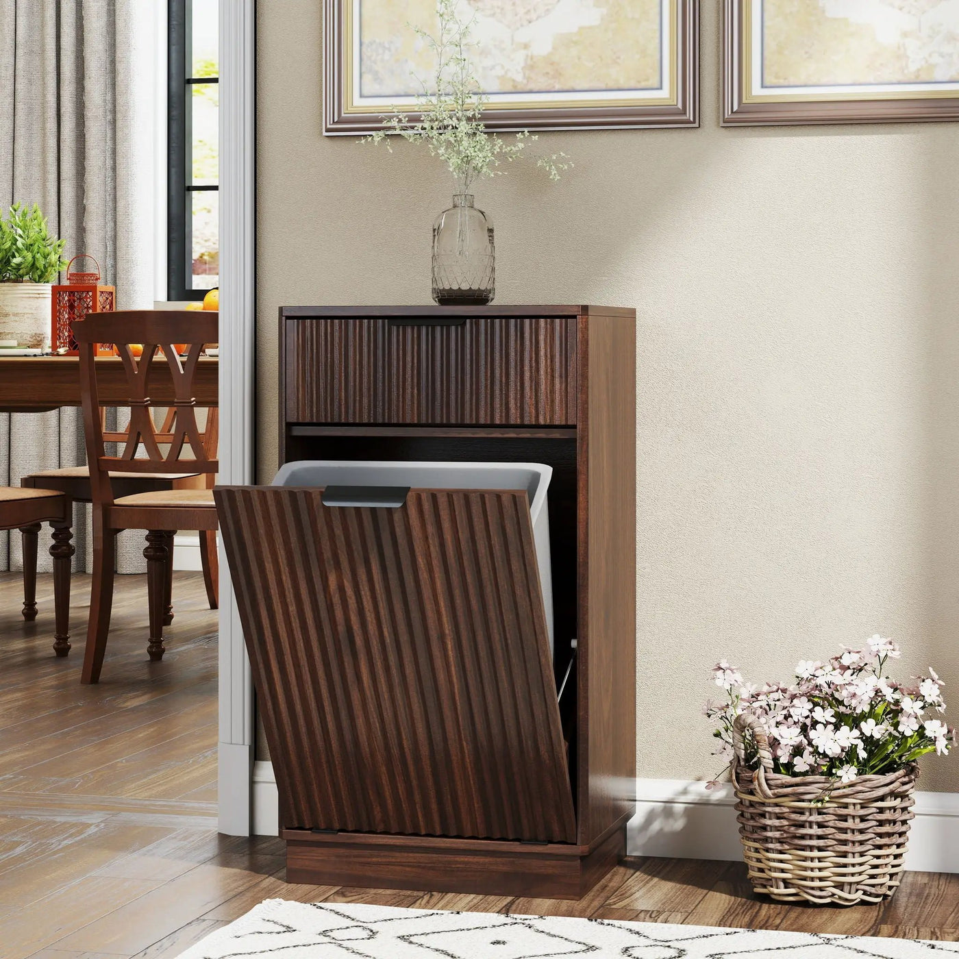 Tilt Out Trash Can Cabinet With Wave Textured Drawer & Pull Out Bin by Unique Piece Furniture