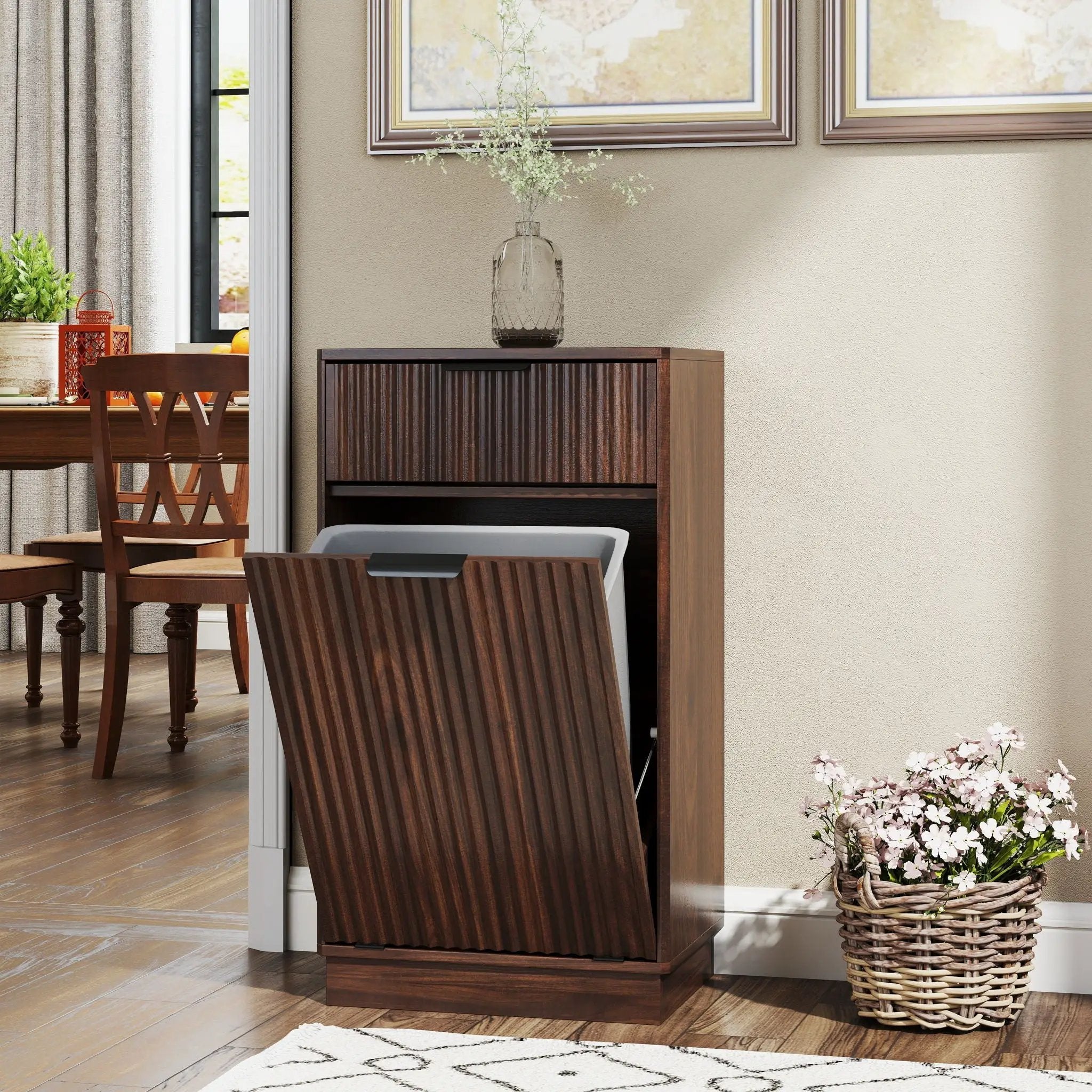 Tilt Out Trash Can Cabinet With Wave Textured Drawer & Pull Out Bin by Unique Piece Furniture