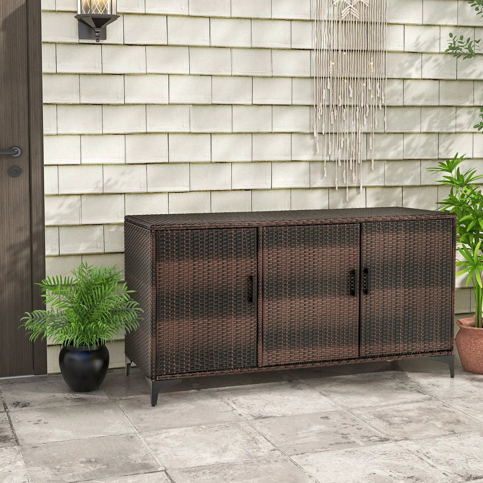 84 Gallon Patio Wicker Deck Box 3-Door PE Rattan Storage Container with Removable Shelves by DirectDeals