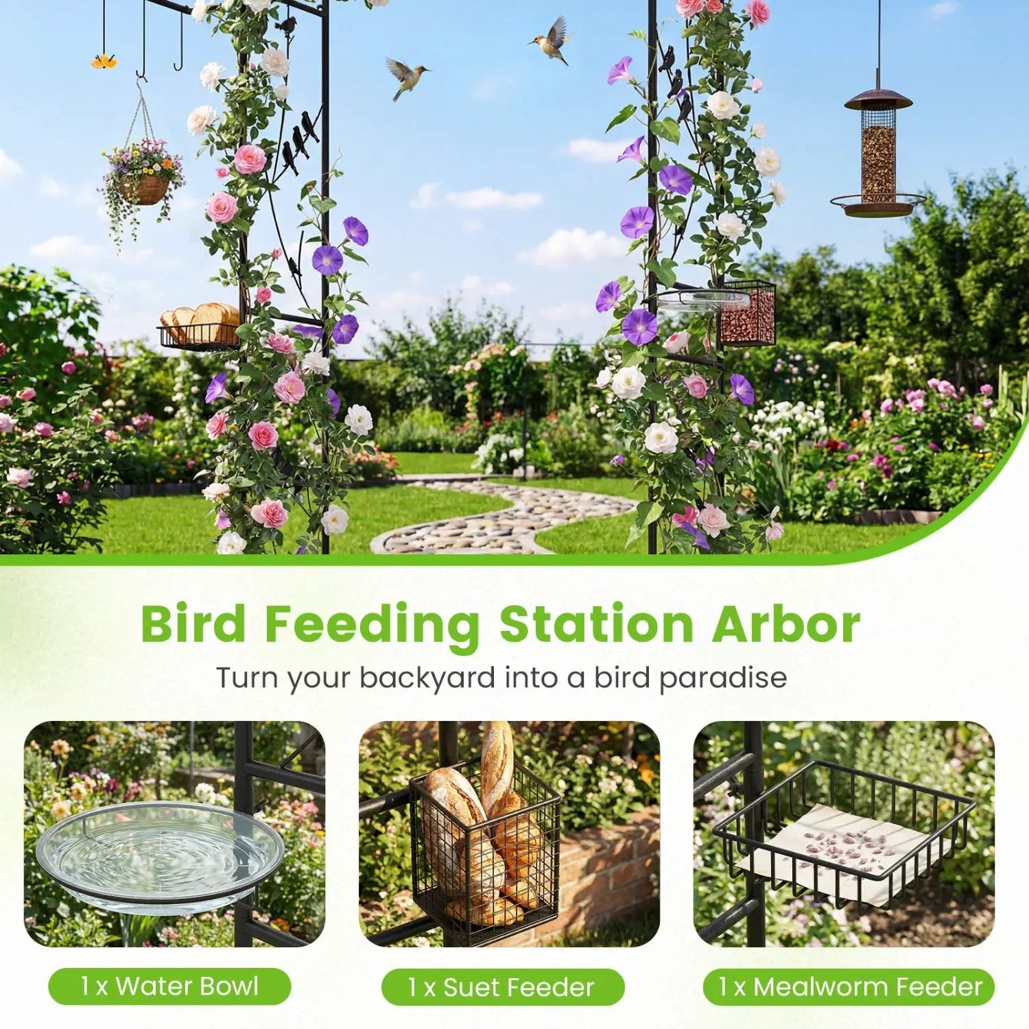 Garden Arbor with Bird Feeding Station 84 Inch Black by DirectDeals