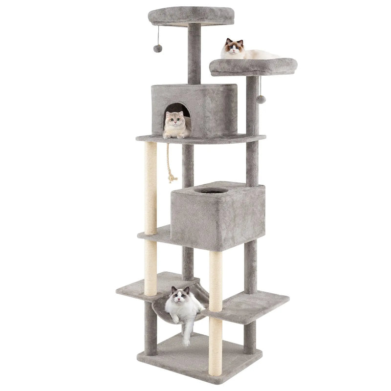 84 Inch Large Cat Tree with 2 Condos and 2 Soft Plush Perches for Indoor Cats-Gray by DirectDeals