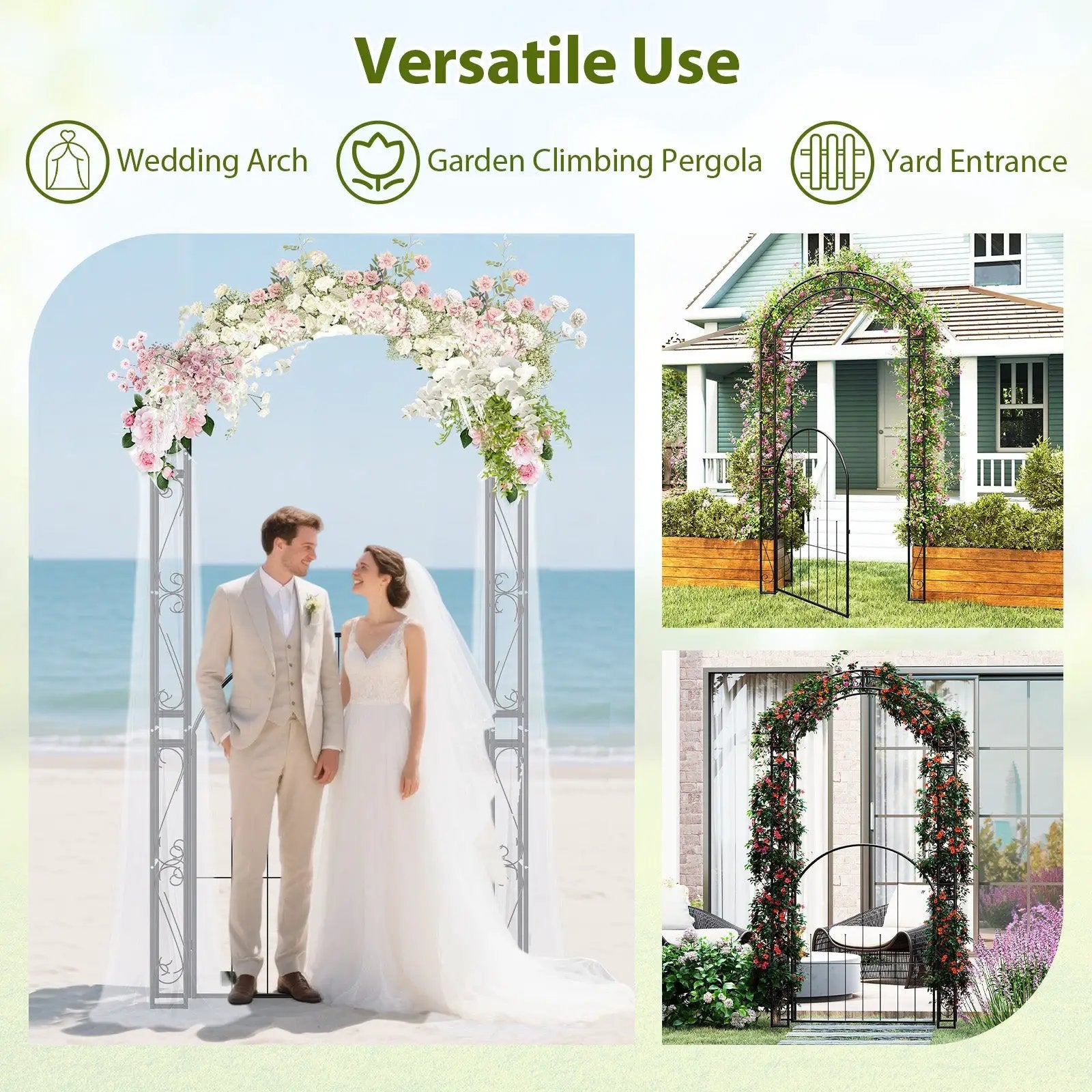 84 Inch Tall Garden Arch Metal Arbor Archway with Gate by DirectDeals