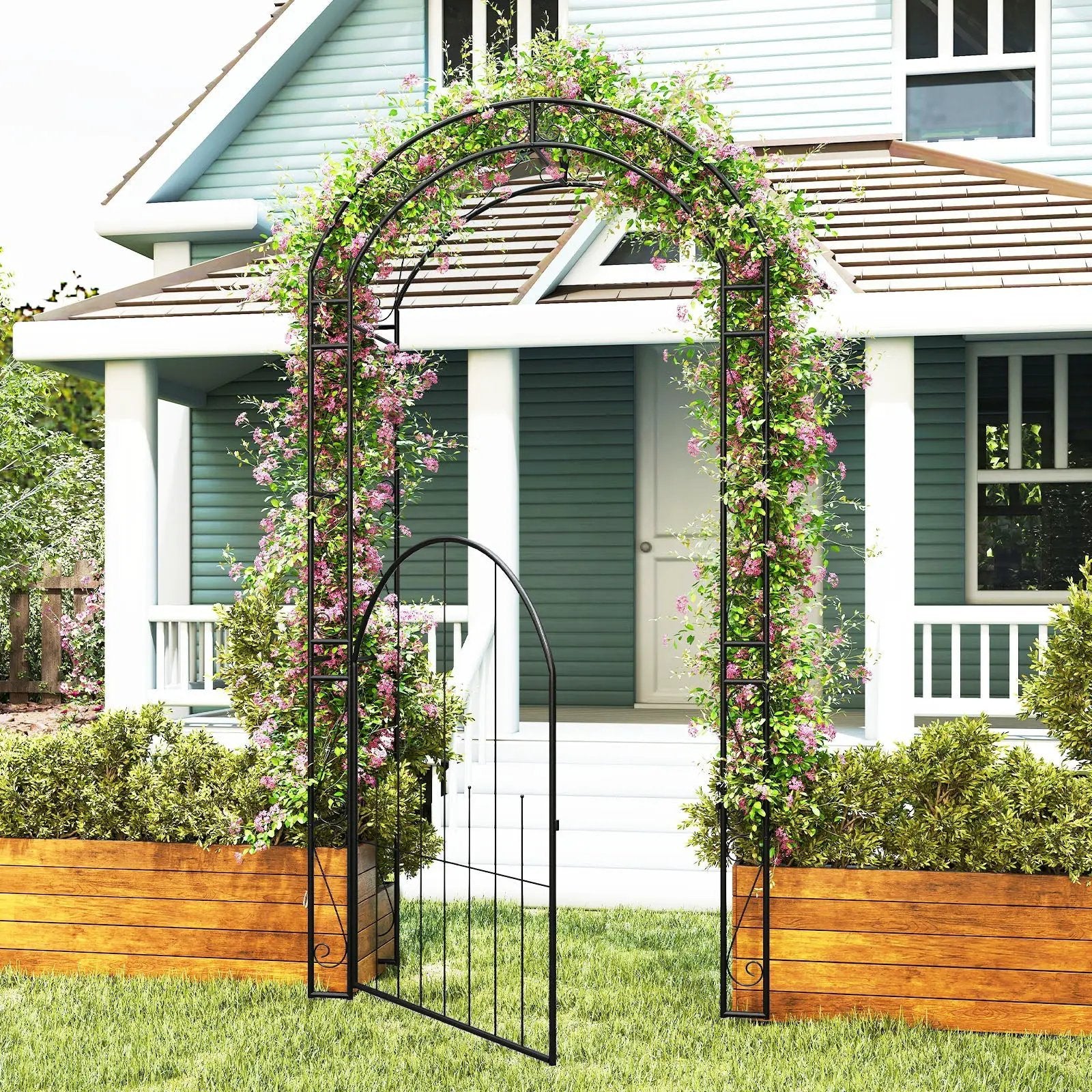84 Inch Tall Garden Arch Metal Arbor Archway with Gate by DirectDeals