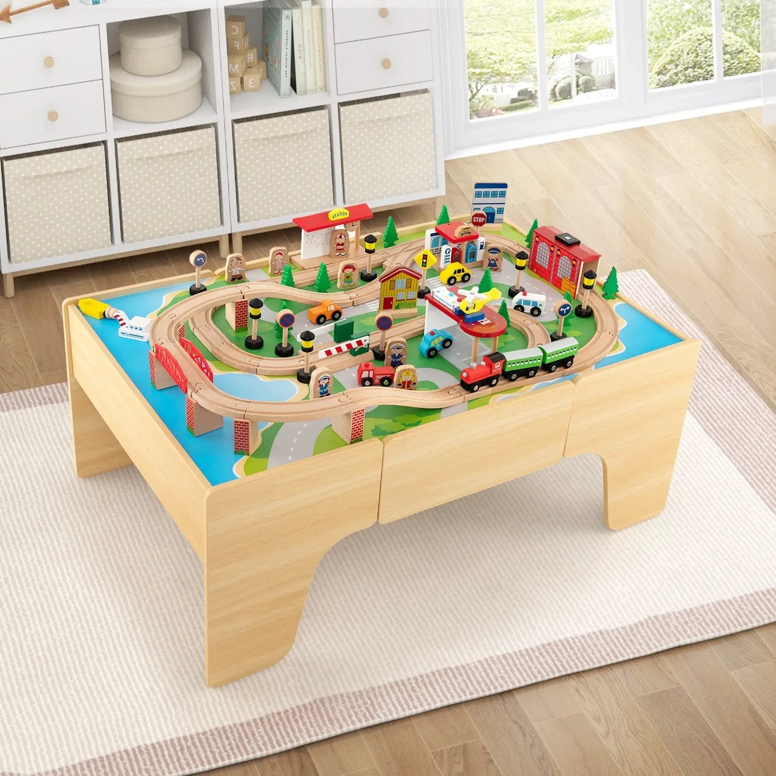 84-Piece Wooden Train and Activity Table with Reversible Top for Learning and Play by DirectDeals
