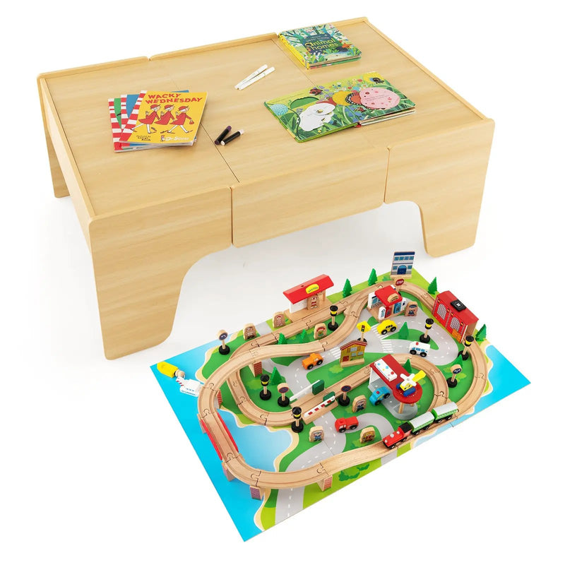 84-Piece Wooden Train and Activity Table with Reversible Top for Learning and Play by DirectDeals