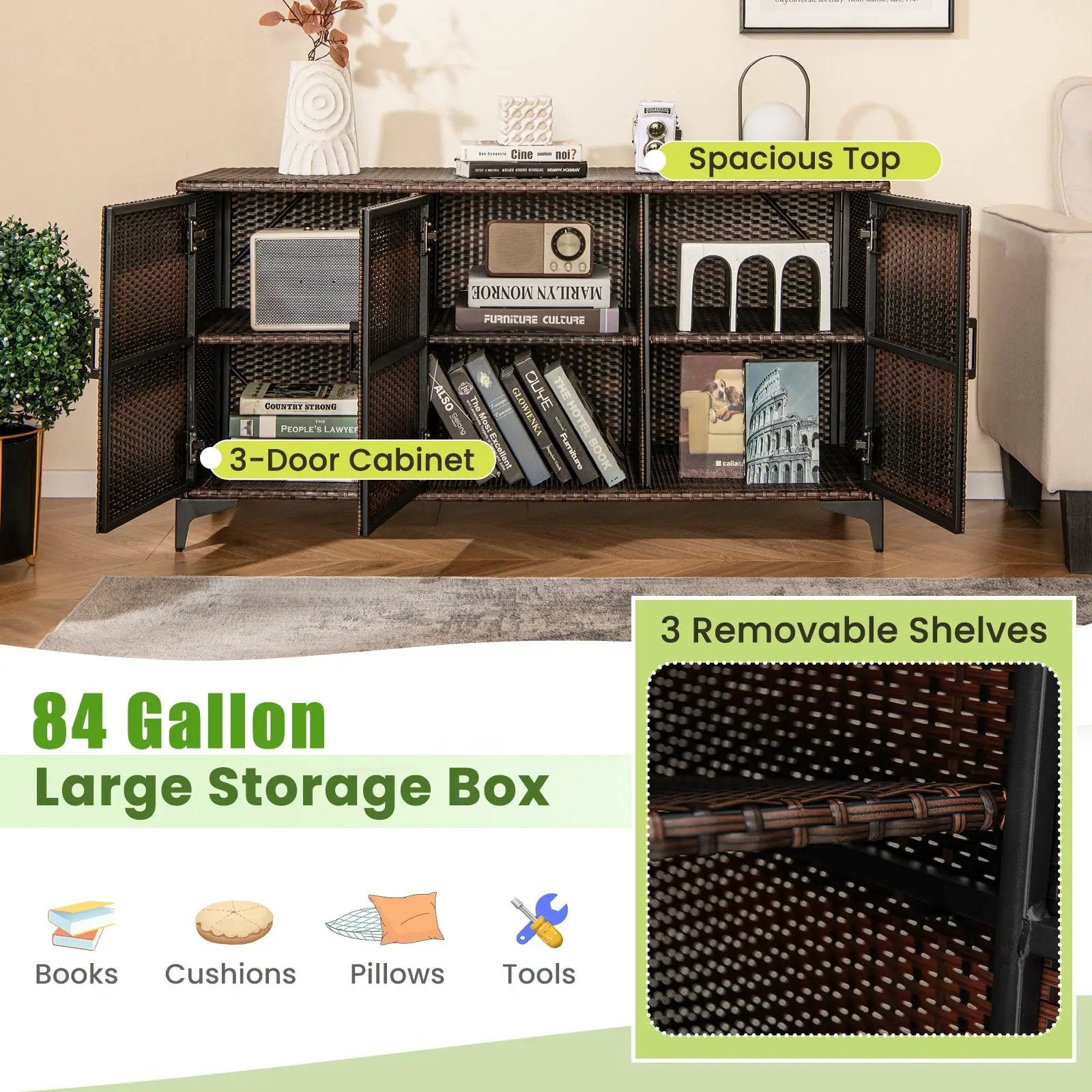 84 Gallon Patio Wicker Deck Box 3-Door PE Rattan Storage Container with Removable Shelves by DirectDeals