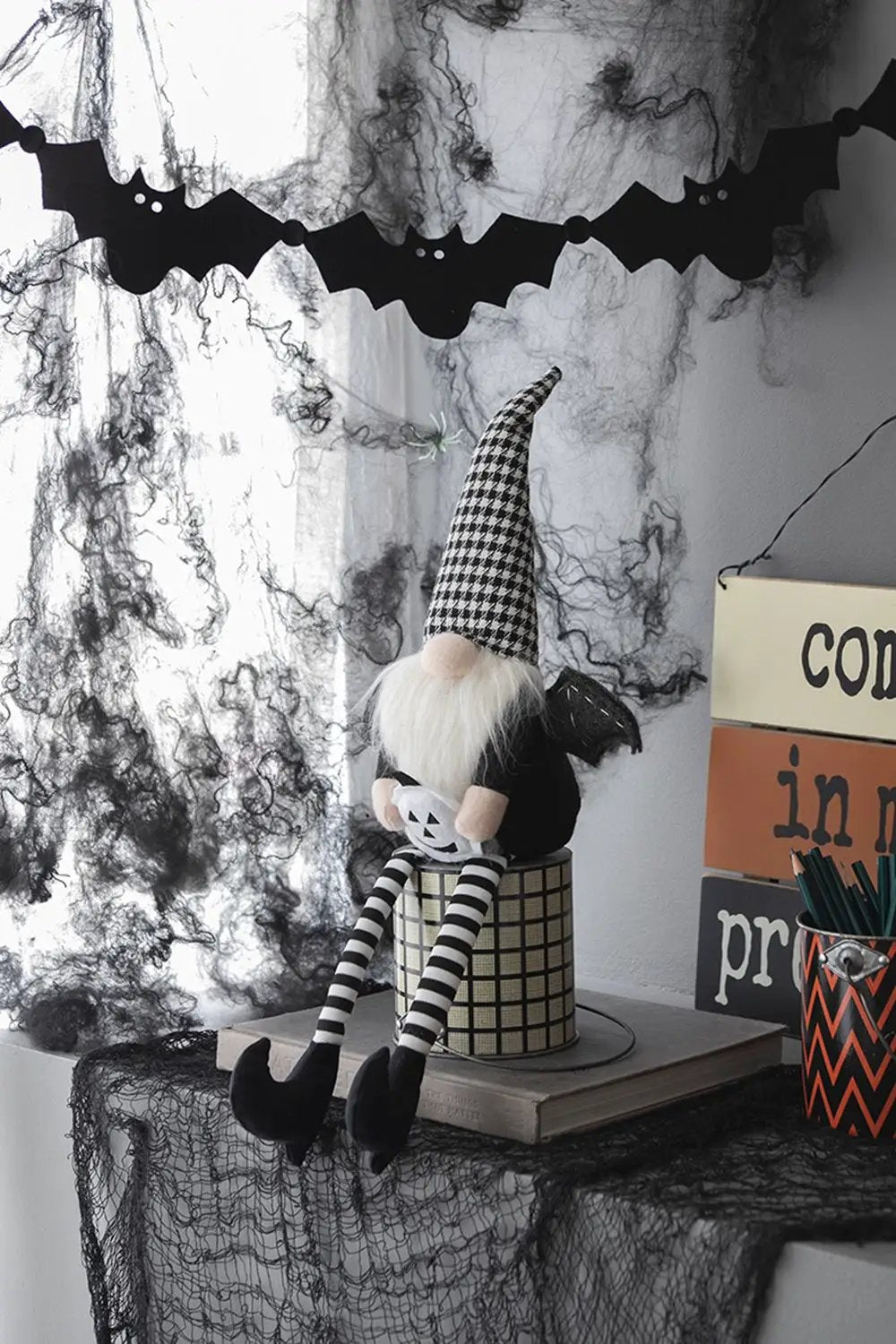 Sitting Gnome With Wings & Plaid Hat, For Halloween Decor by HouseOfZazla