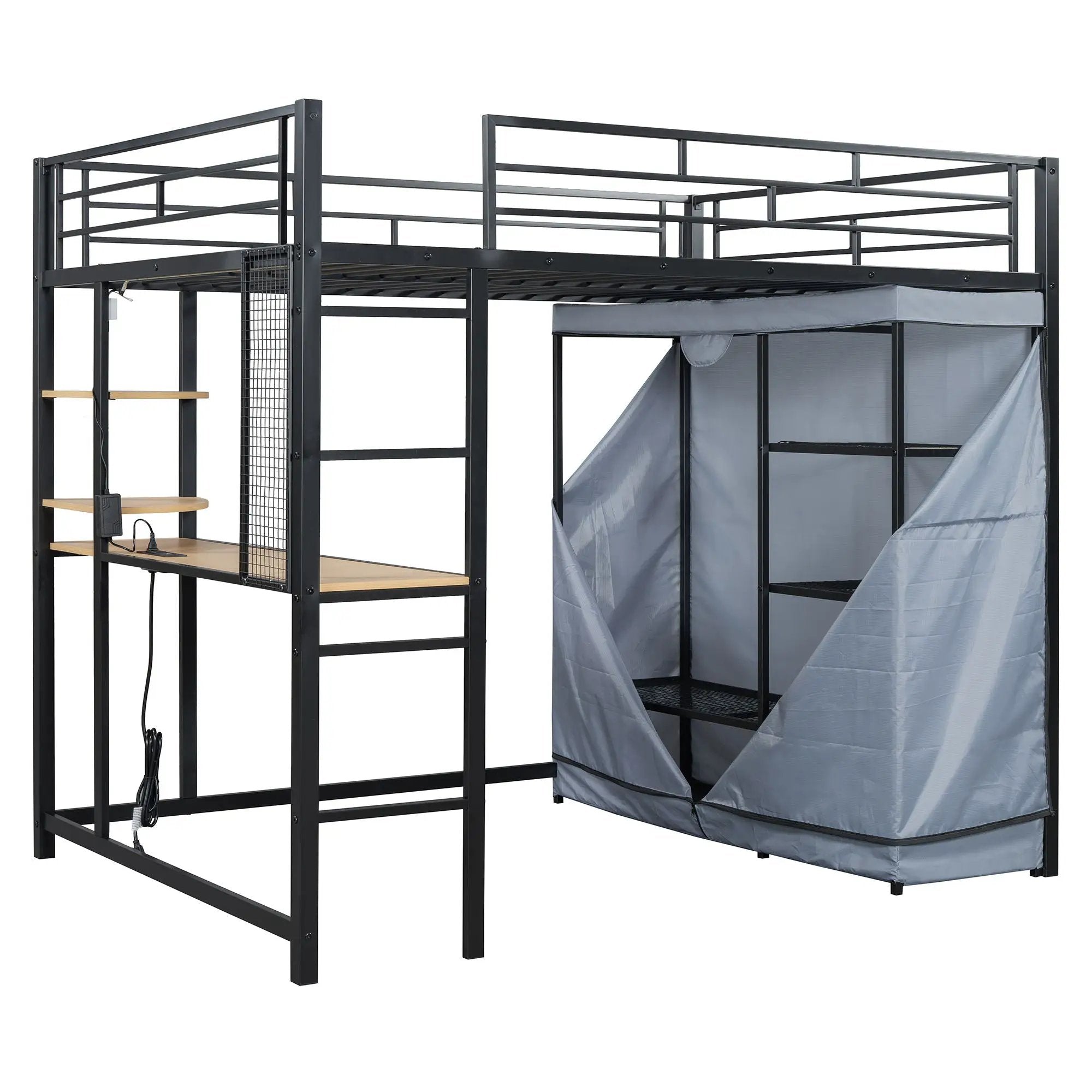 Loft Bed With Desk, Shelves, Power Outlet, LED Light And Wardrobe by HouseOfZazla