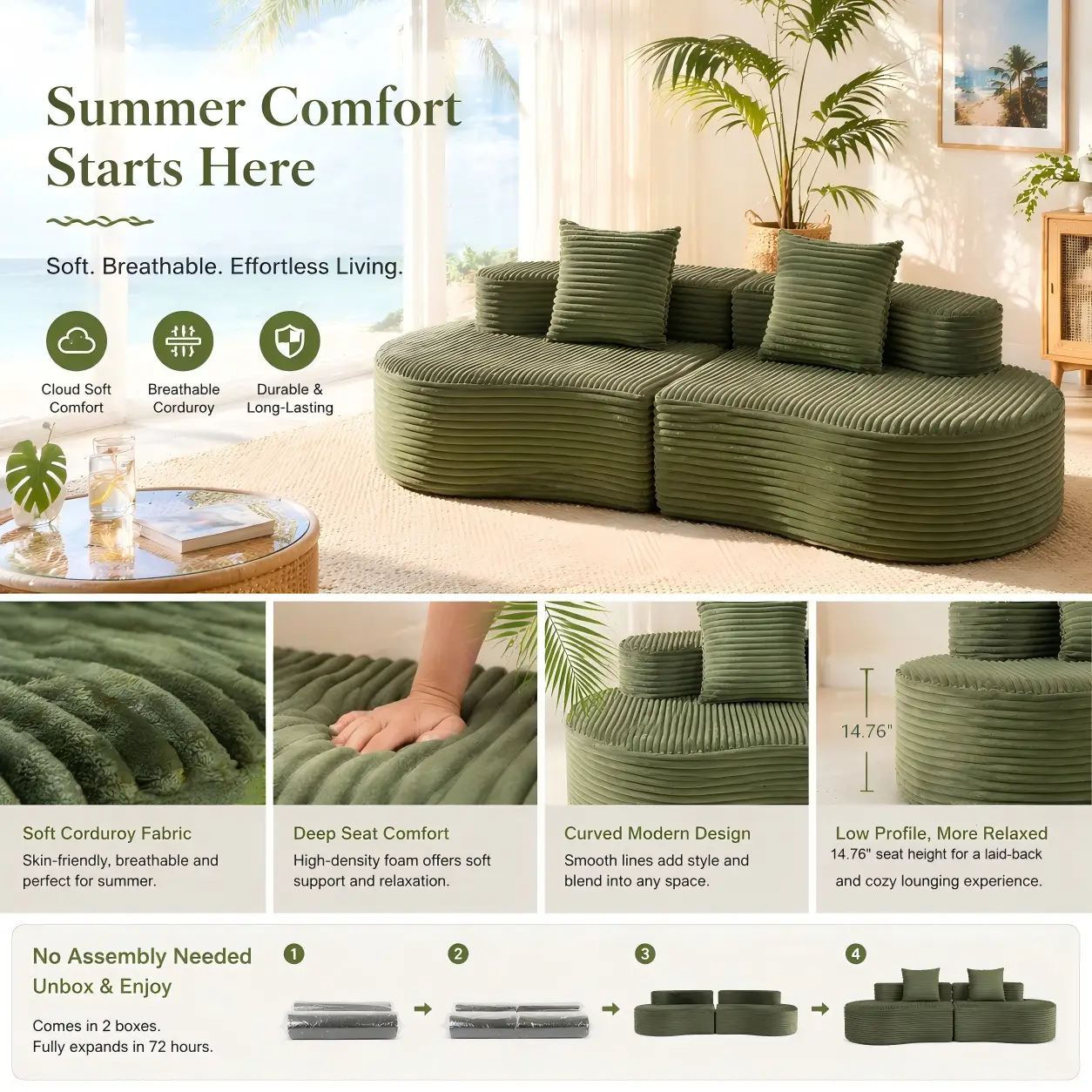Cozy Corduroy 2-Seater Sofa with Lumbar Pillows by HouseOfZazla