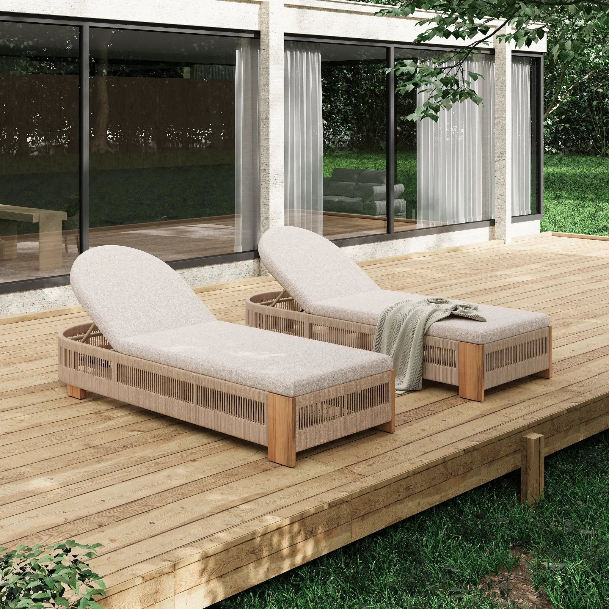 Outdoor Chaise Lounge Chair, Acacia Wood with Adjustable Backrest and Cushion by HouseOfZazla