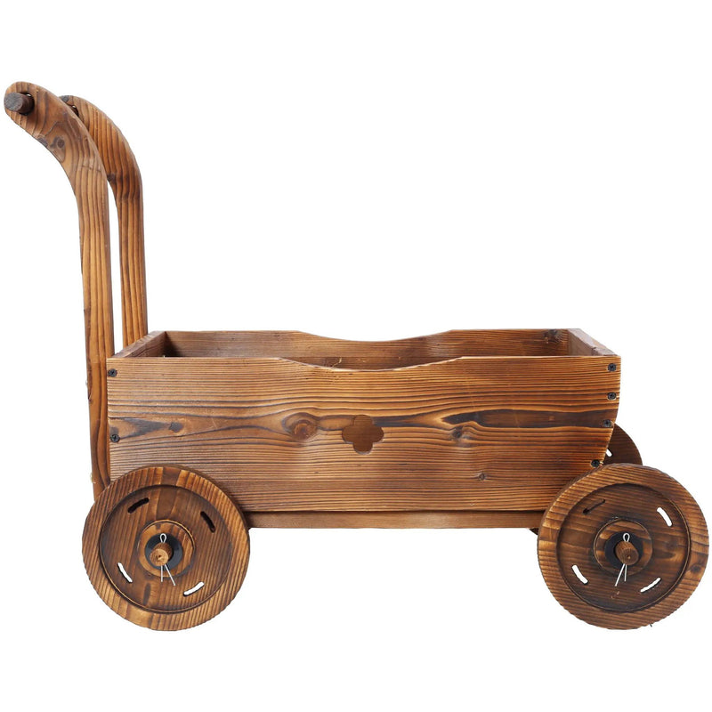 Wooden Wagon Planter Box Mobile Garden Planter With Wheels Handle Drain Hole Wood - Brown by HouseOfZazla