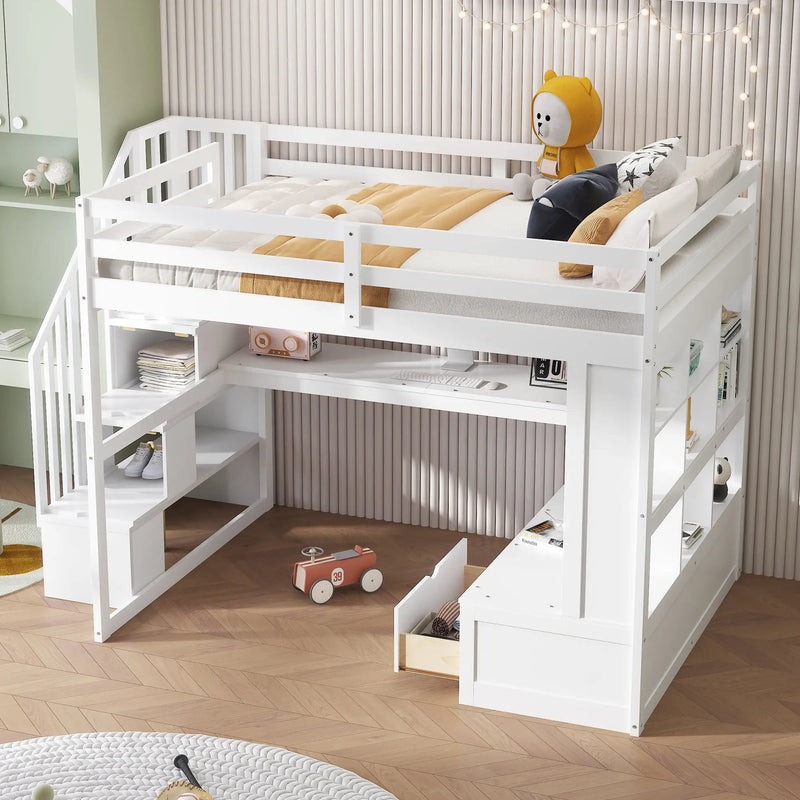Full Size Loft Bed With Desk And Shelves, 2 Built In Drawers, Storage Staircase - White by Unique Piece Furniture