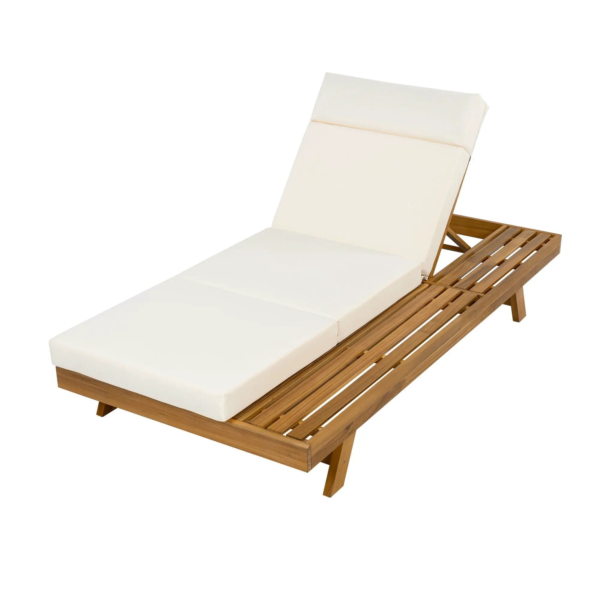 Acacia Wood Lounge Chaise Set With Headrest And Water Resistant Cushions - Beige by HouseOfZazla