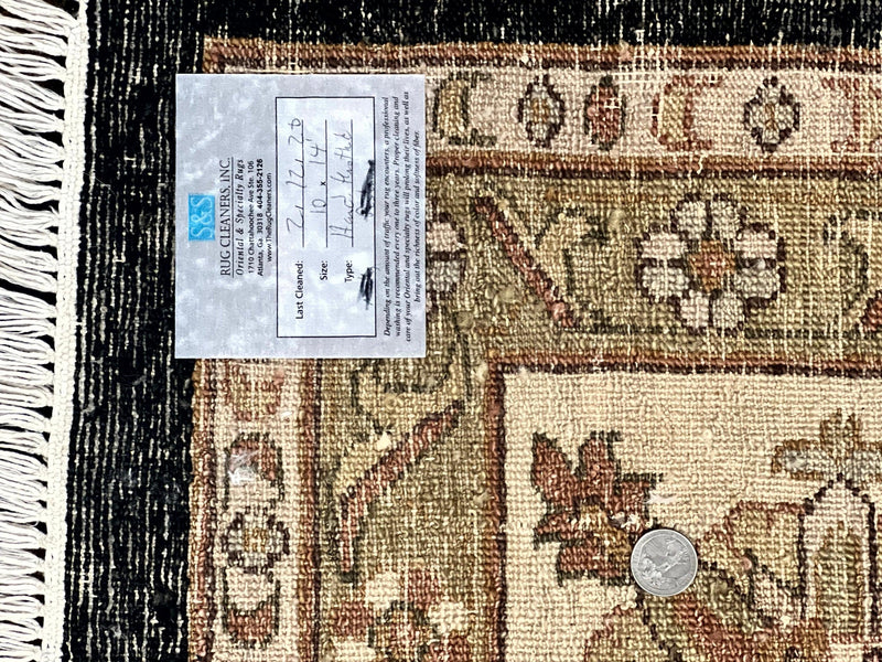 Indo Persian Rug 10x14, Charcoal and Beige, Floral Allover, Handmade Vintage Wool Carpet by Jewel Rugs