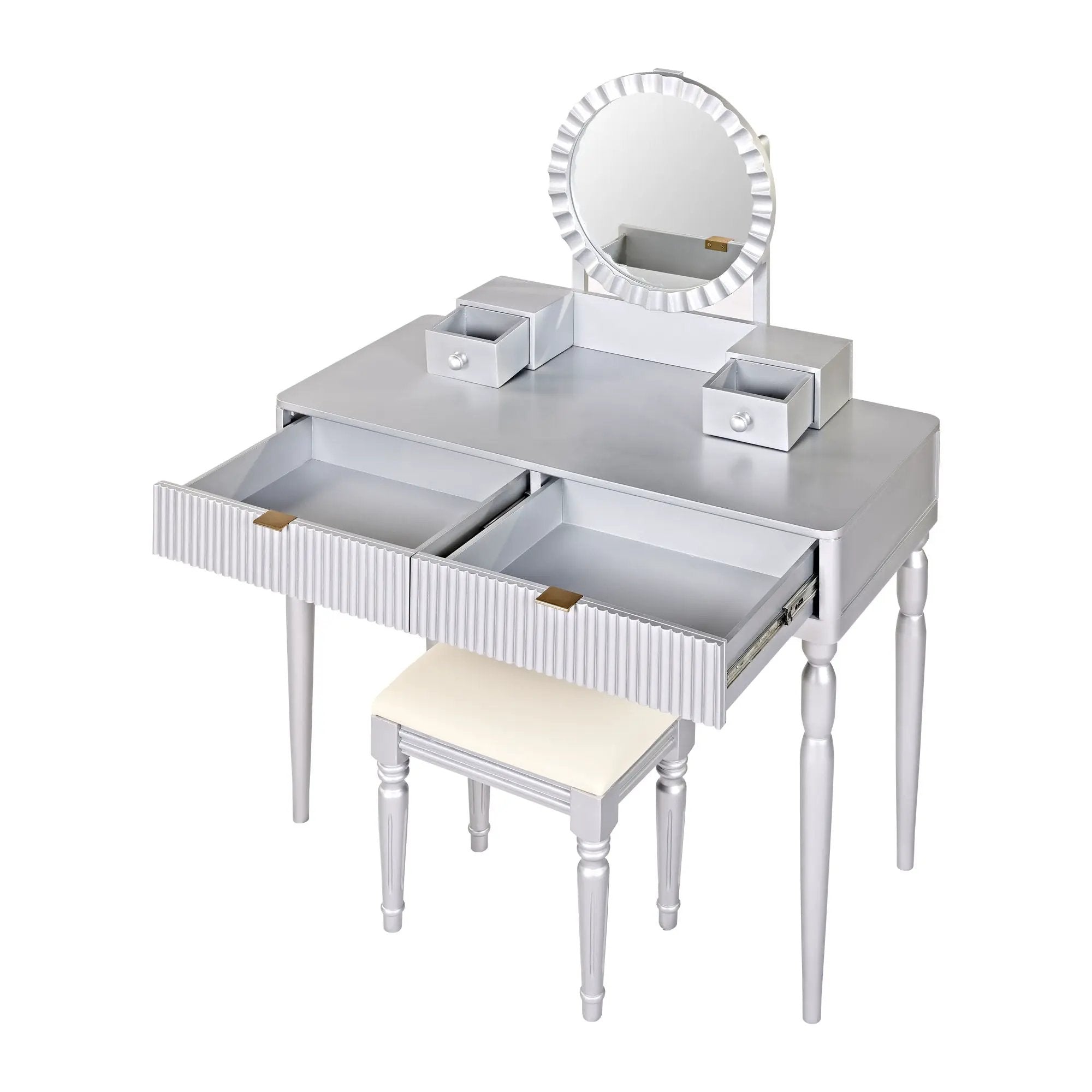 Luxury Vanity Desk With Round Mirror Height Adjustable Dressing Table Set Engineered Wood - Silver by Unique Piece Furniture