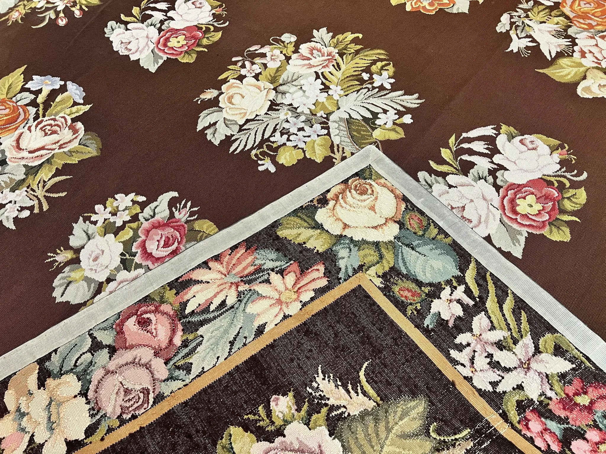 Vintage Needlepoint Rug 9x12, Large Handmade Hand-woven Needlepoint Carpet, Brown Area Rug, Floral Bouquets, Wool Rug, European Design by Jewel Rugs