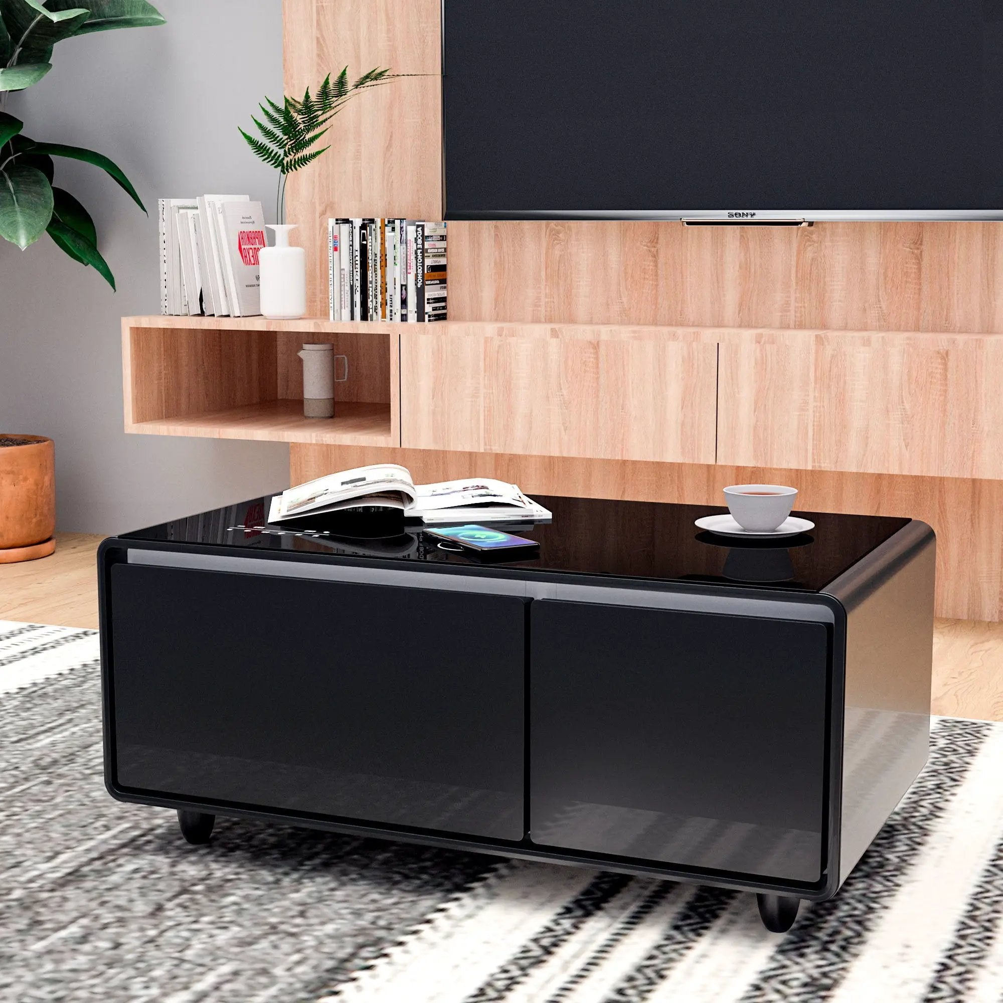 Modern Smart Coffee Table With Built-In Fridge - tooth Speaker, Wireless Charging, Touch Control Panel, USB Interface, Outlet Protection, Atmosphere Light by Unique Piece Furniture