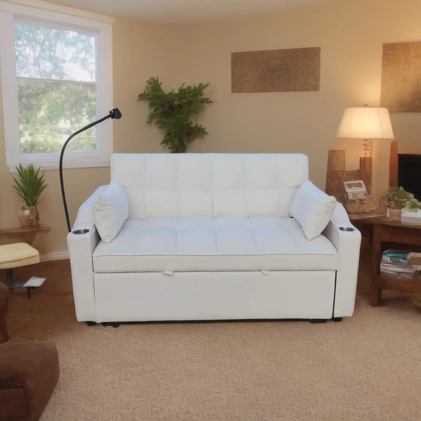 Modern Loveseat Futon Sofa With Pullout Bed, Adjustable Reclining Backrest, Toss Pillows by Unique Piece Furniture