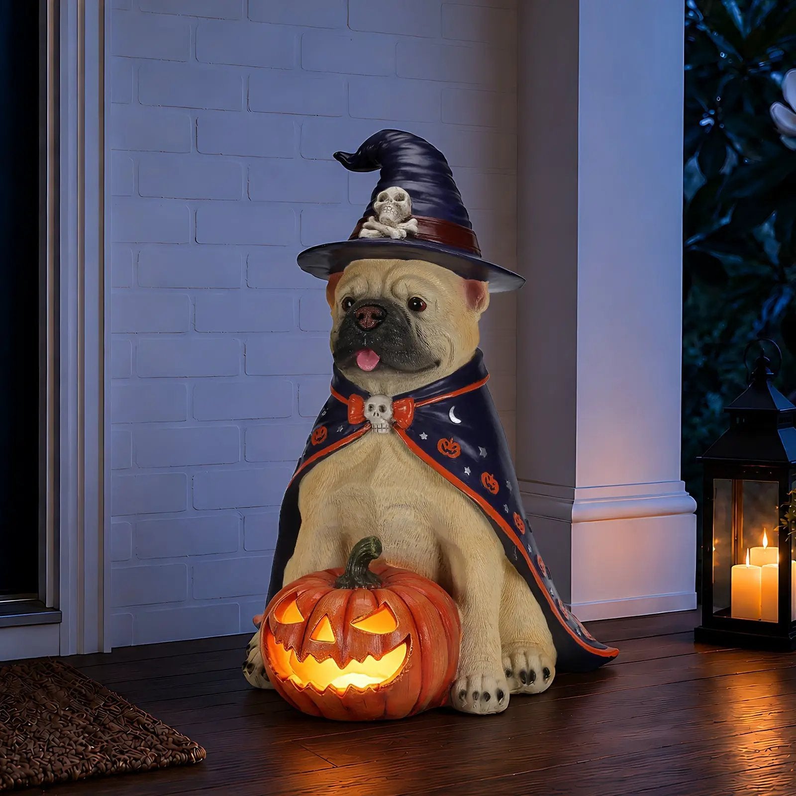 Halloween Bulldog Witch Statue, LED Light Up Jack-O-Lantern Pumpkin by HouseOfZazla