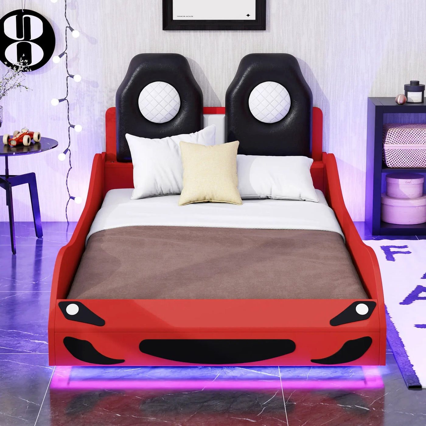 Race Car Shaped Platform Bed With LED And Upholstered Backrest In by HouseOfZazla