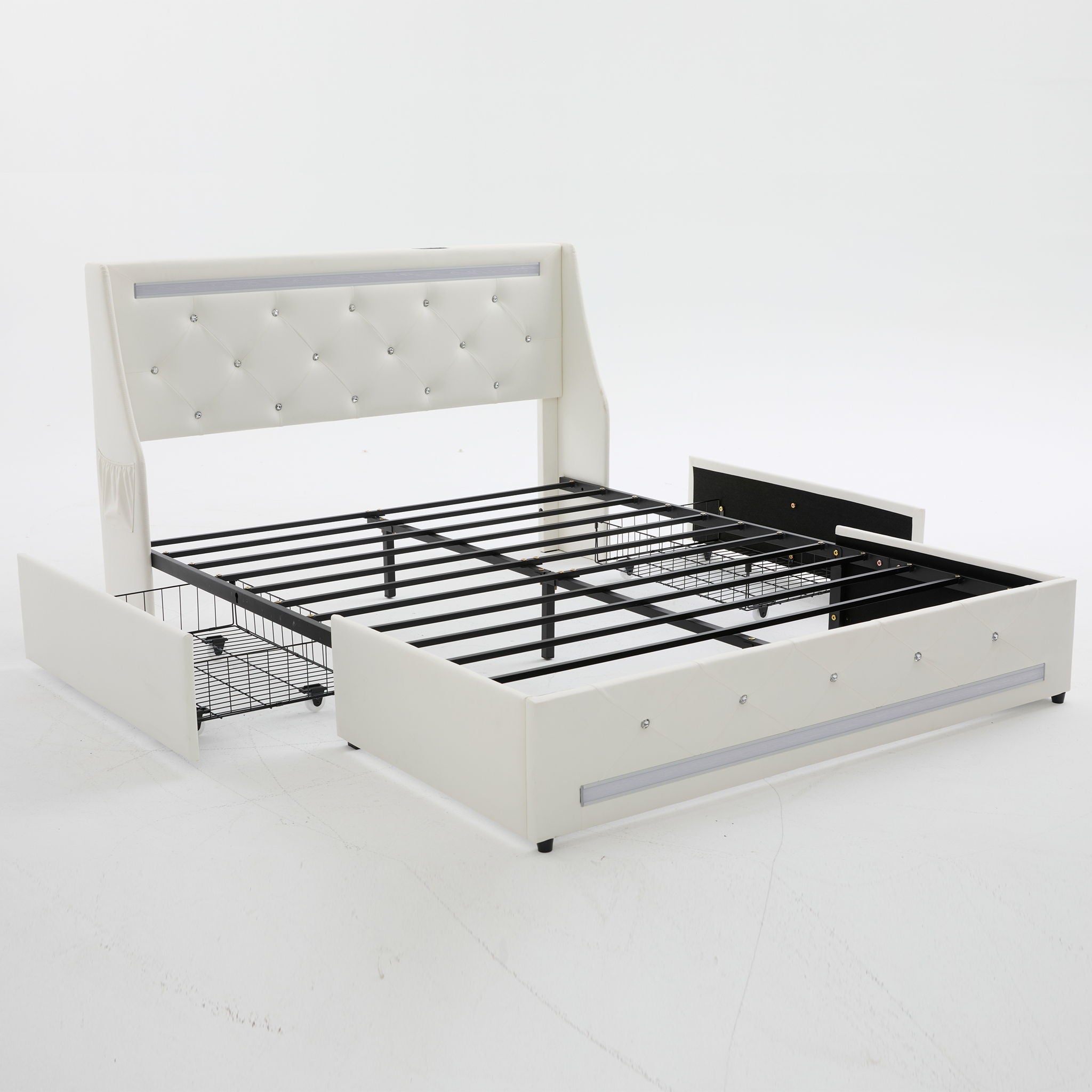 Wingback Upholstered Bed Frame With LED Lights, Charging Station by HouseOfZazla
