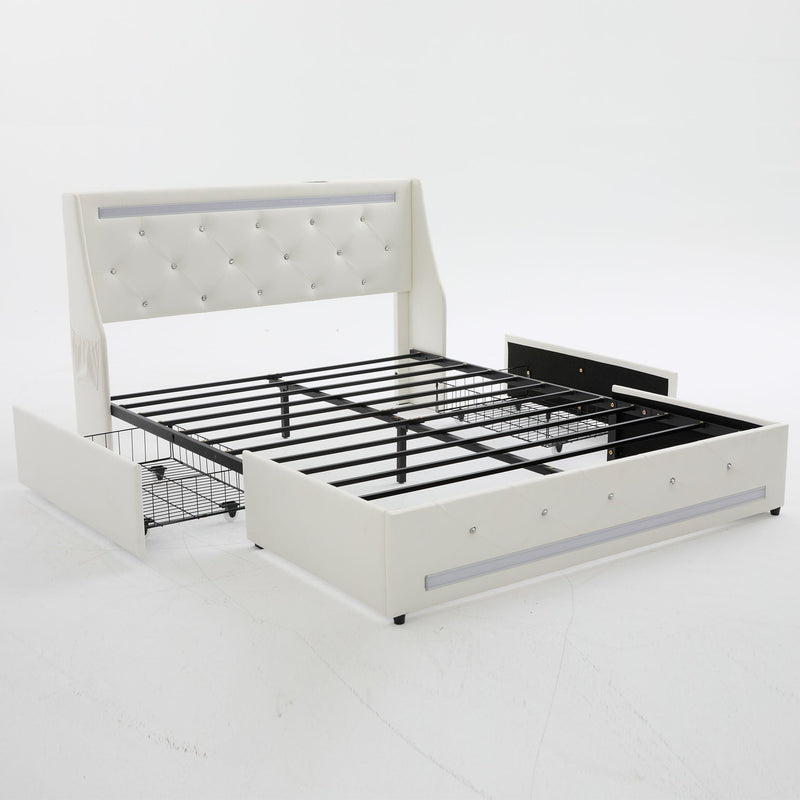 Wingback Upholstered Bed Frame With LED Lights, Charging Station by HouseOfZazla