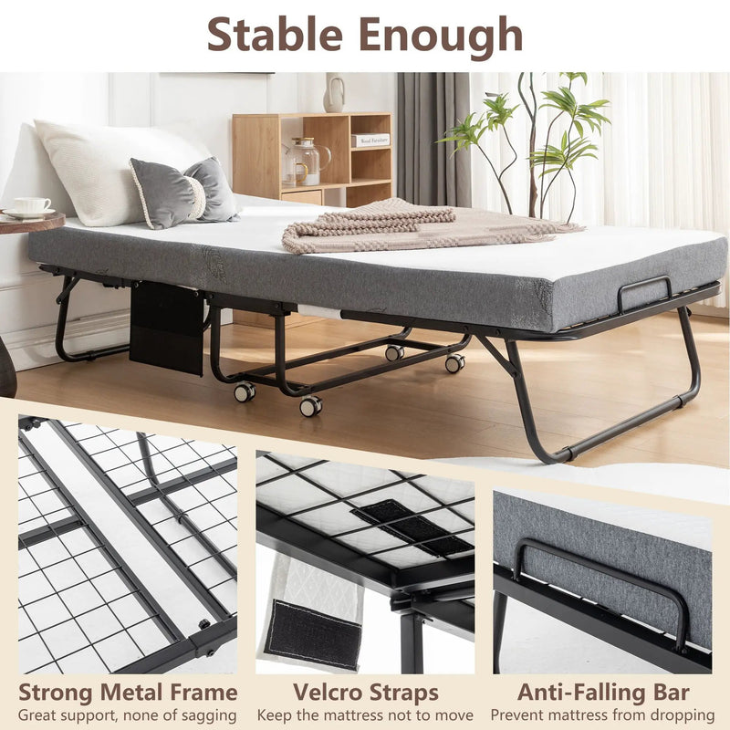 Foldable Metal Frame Bed For Guest With Memory Foam Mattress On Wheels, Saving Space Rollaway Bed by Unique Piece Furniture
