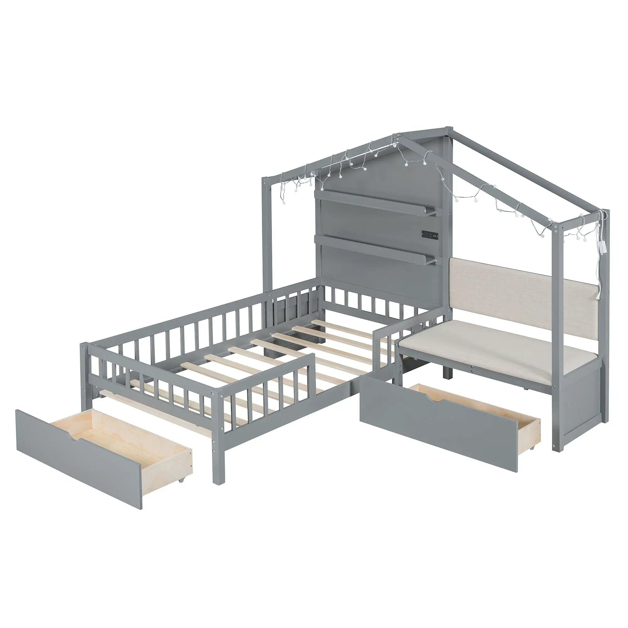 House Bed With Upholstered Sofa, Wireless Charging Station, Shelves And 2 Drawers