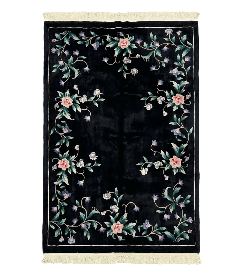 Chinese Wool Rug 6x9, Black, Floral, Minimal Design, 90 Line Carpet, Vintage Art Deco Rug by Jewel Rugs