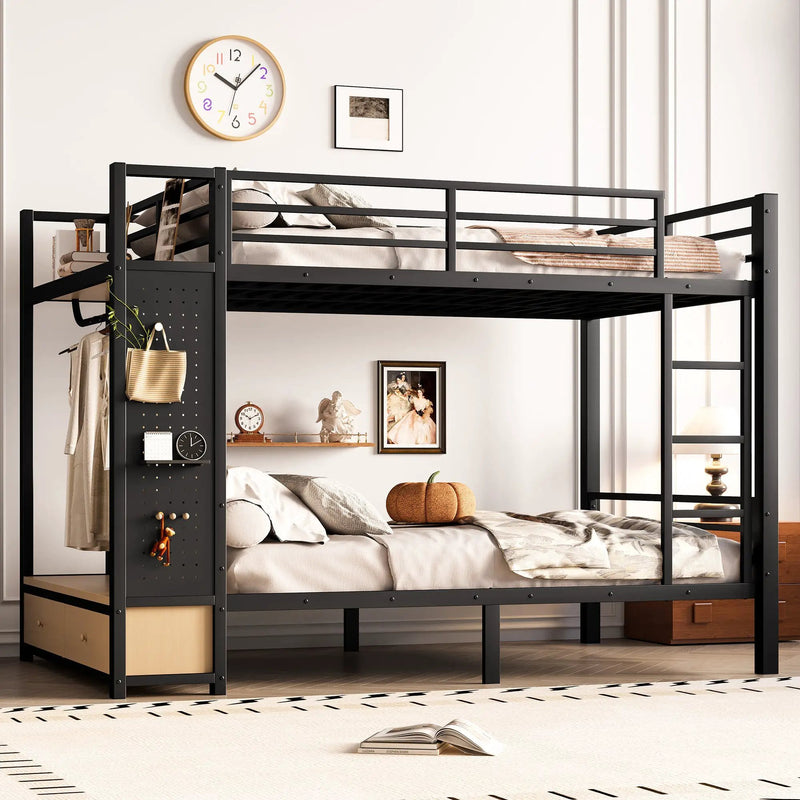 Full Over Full Size Metal Bunk Bed for Teens with Storage Shelves, Drawers and Pegboard by HouseOfZazla