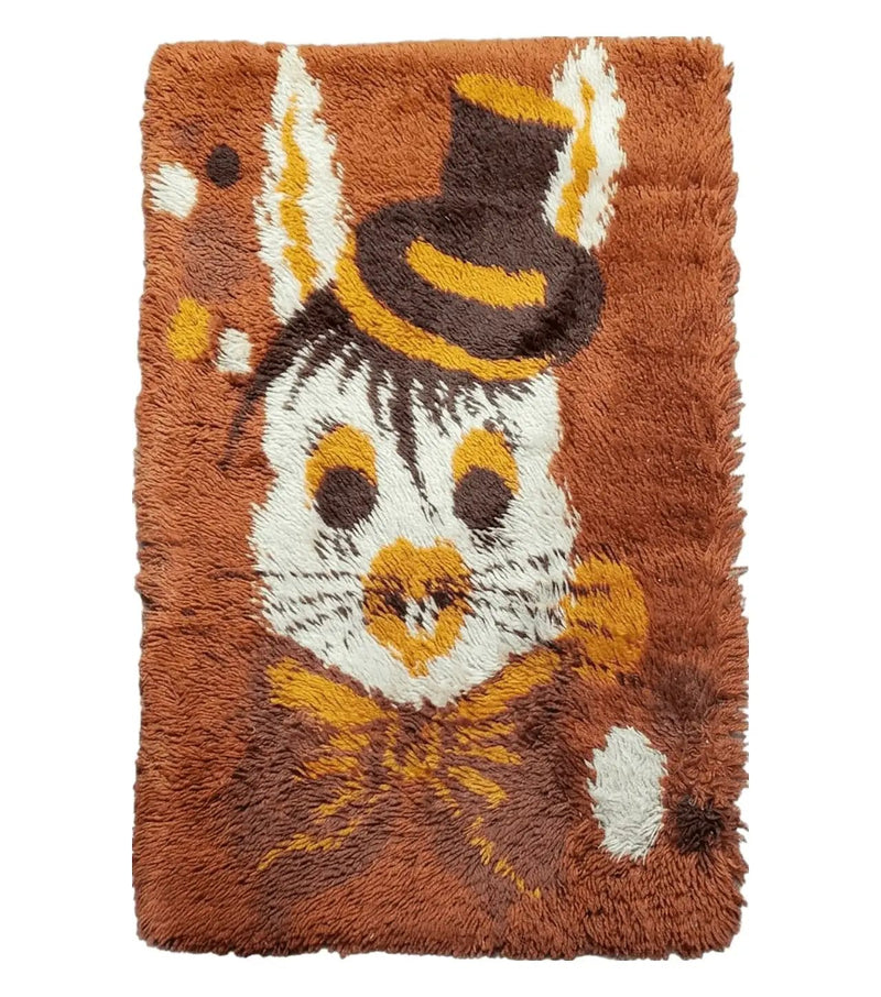 2x3 Rya Shag Rug Mid-Century Modern Danish Shag Rug 1960s Accent Rug Bunny Rabbit in Hat Dark Orange Small Shag Rug by Jewel Rugs