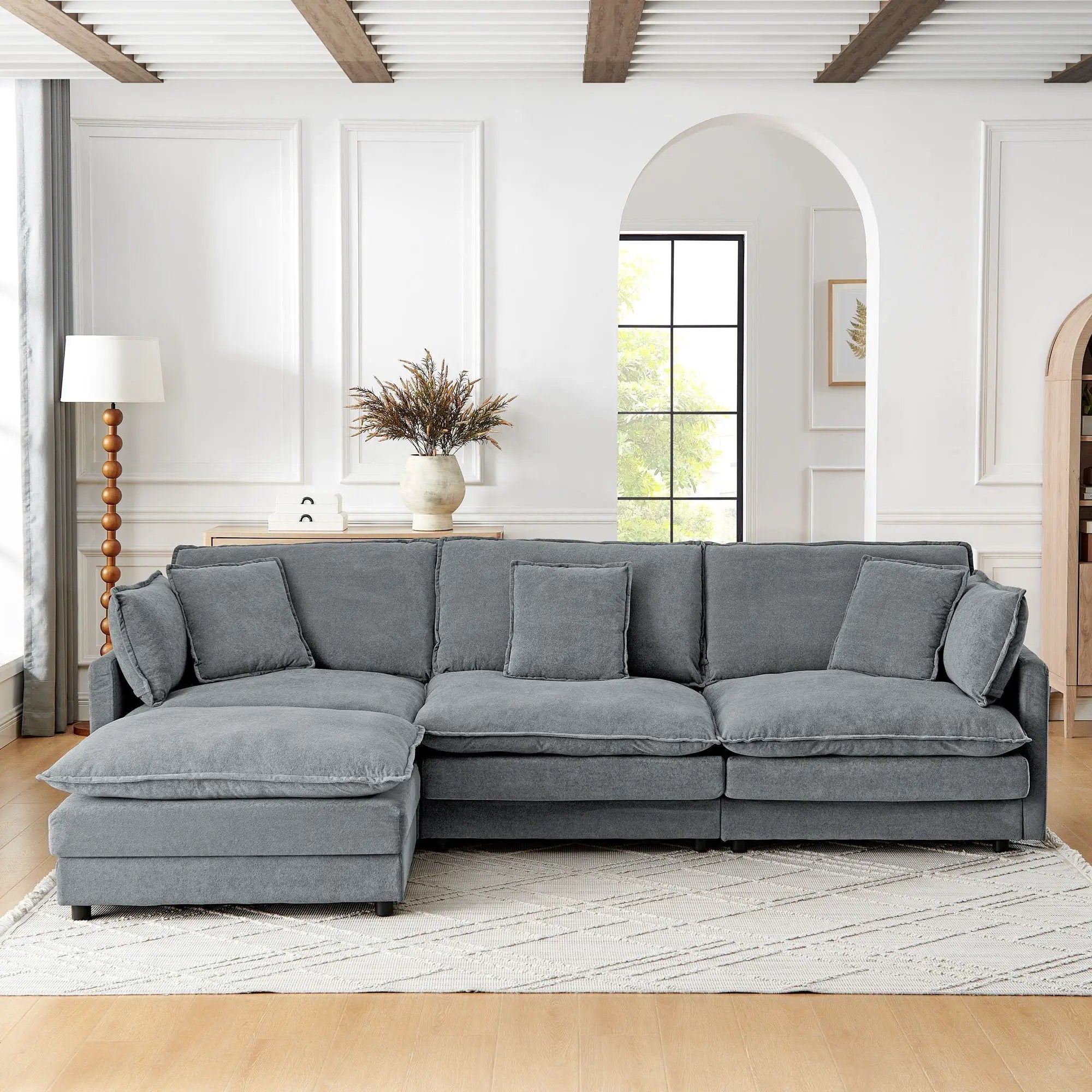 L-Shaped Sectional Sofa With Ottoman, Convertible 4 Seater Couch by Unique Piece Furniture
